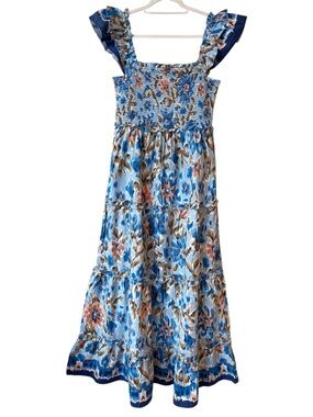 🆕 House of Harlow Large Tiered Maxi Dress Flutter Sleeve Floral Summer Gown Blue